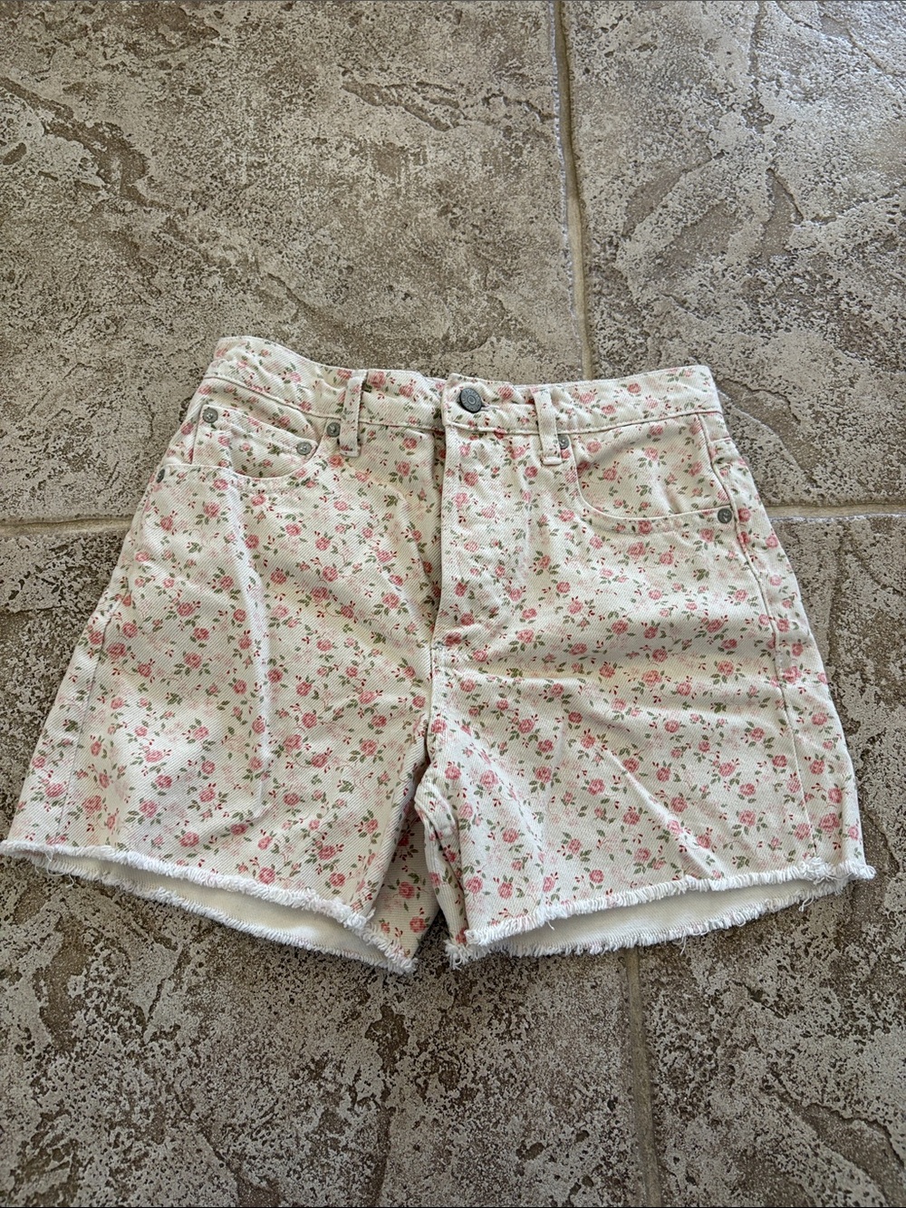 Boyish Cream Denim Shorts with Pink Floral Print